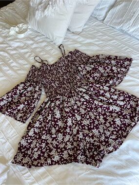 Maroon/White Floral Off-the-Shoulder Smocked Romper - Size XS